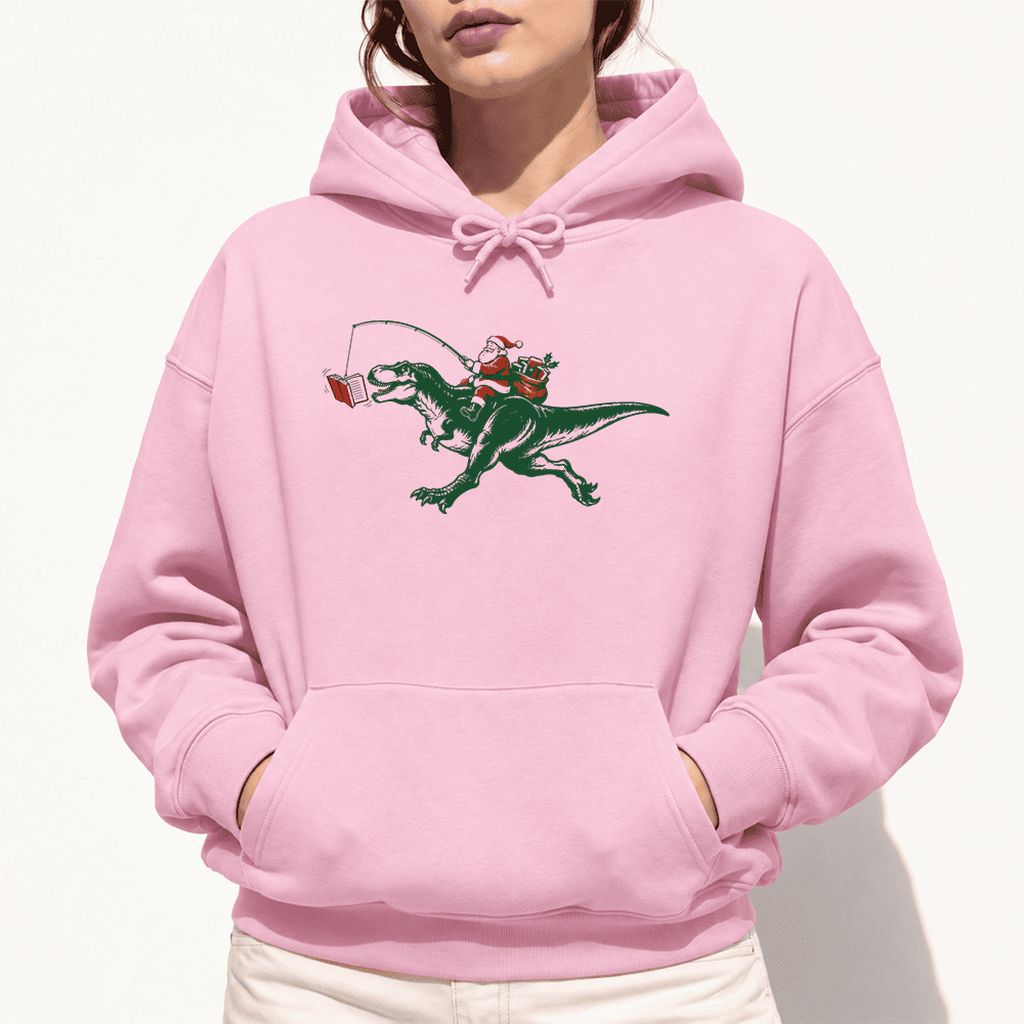 Santa Riding T-Rex Softstyle Hoodie | Christmas Reader Gift Light Pink