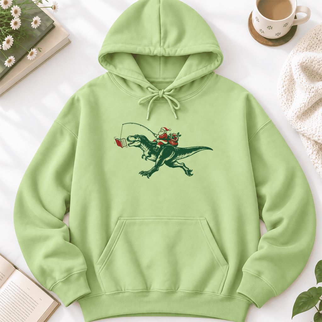 Santa Riding T-Rex Softstyle Hoodie | Christmas Reader Gift Pistachio