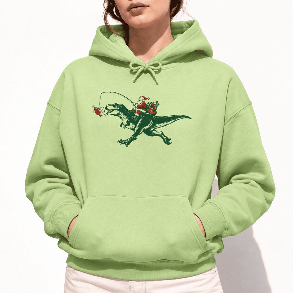 Santa Riding T-Rex Softstyle Hoodie | Christmas Reader Gift Pistachio