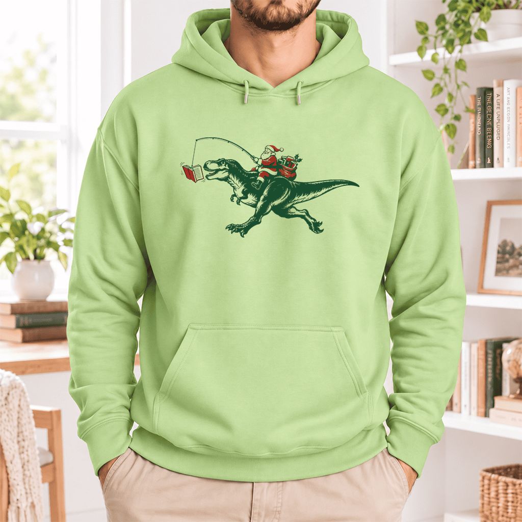 Santa Riding T-Rex Softstyle Hoodie | Christmas Reader Gift Pistachio
