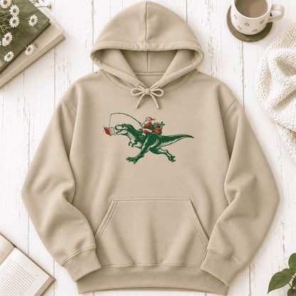 Santa Riding T-Rex Softstyle Hoodie | Christmas Reader Gift Sand