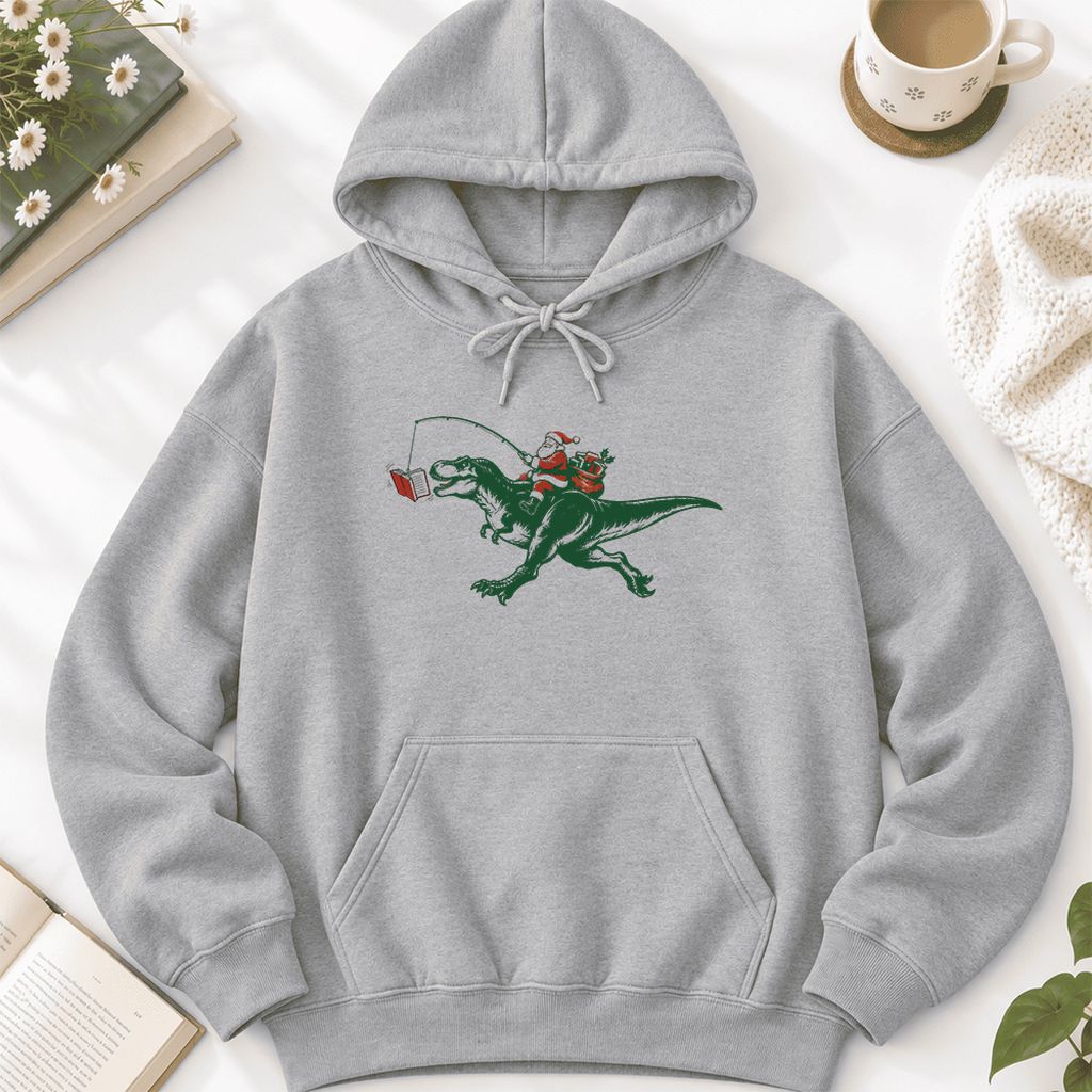 Santa Riding T-Rex Softstyle Hoodie | Christmas Reader Gift Sport Grey