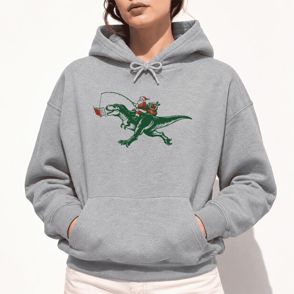 Santa Riding T-Rex Softstyle Hoodie | Christmas Reader Gift Sport Grey