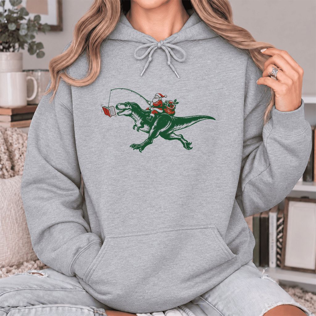 Santa Riding T-Rex Softstyle Hoodie | Christmas Reader Gift Sport Grey