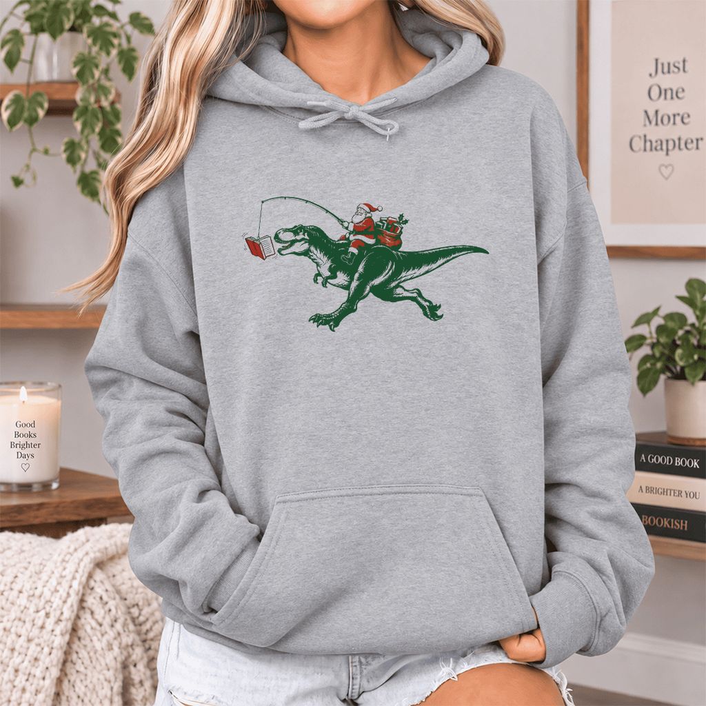 Santa Riding T-Rex Softstyle Hoodie | Christmas Reader Gift Sport Grey