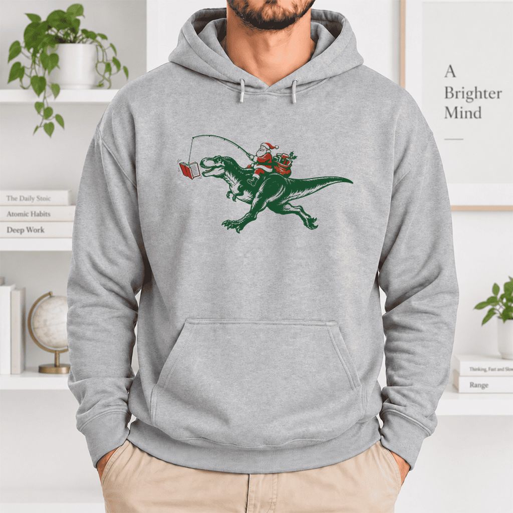 Santa Riding T-Rex Softstyle Hoodie | Christmas Reader Gift Sport Grey