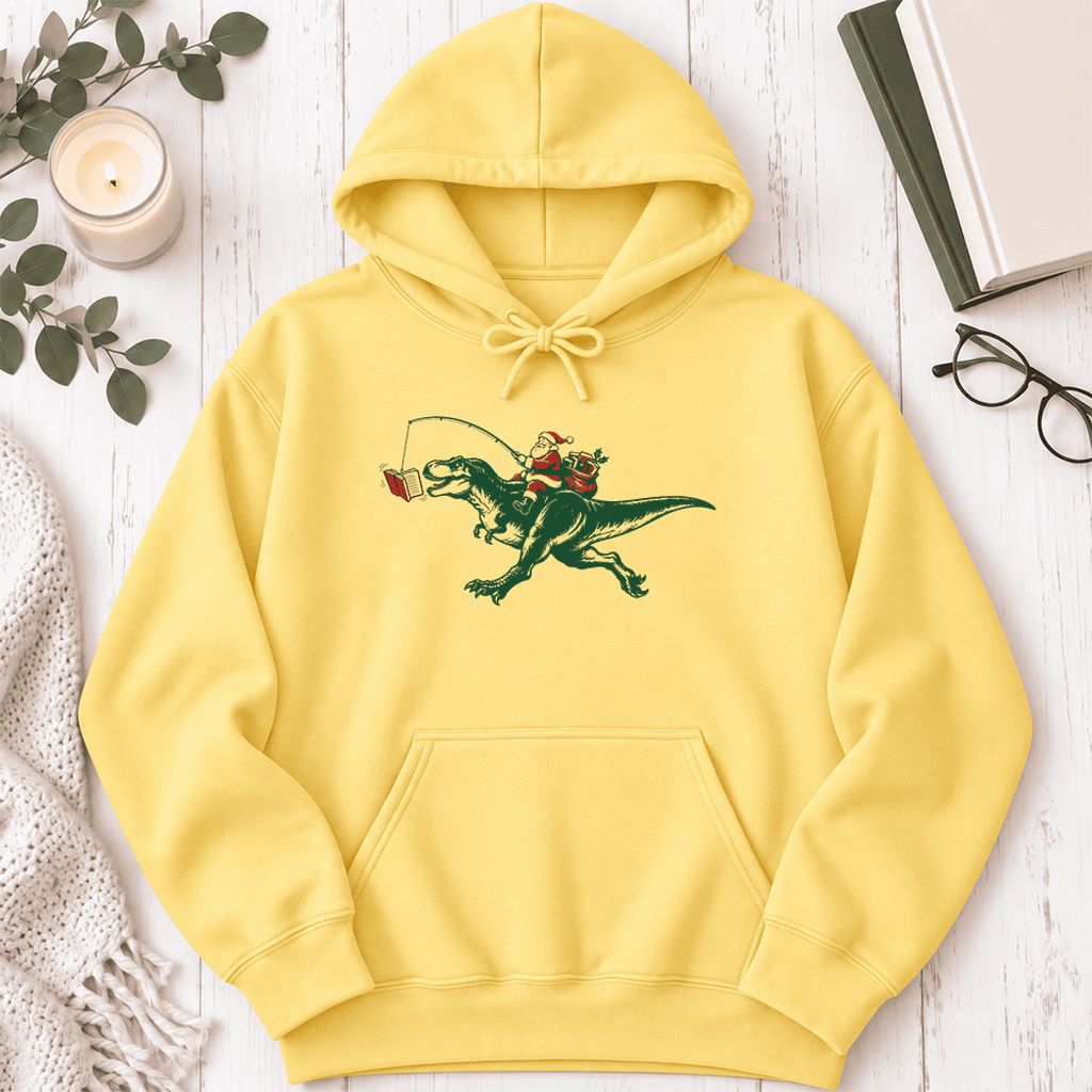 Santa Riding T-Rex Softstyle Hoodie | Christmas Reader Gift Yellow Haze
