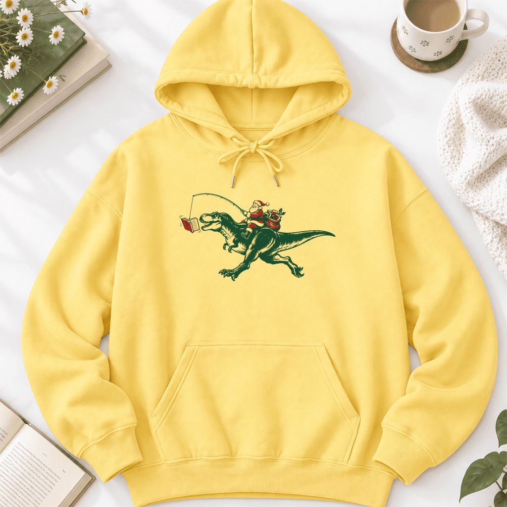 Santa Riding T-Rex Softstyle Hoodie | Christmas Reader Gift Yellow Haze
