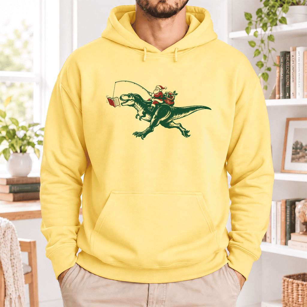Santa Riding T-Rex Softstyle Hoodie | Christmas Reader Gift Yellow Haze