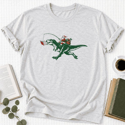 Santa Riding T-Rex Ultra-Soft Cotton T-Shirt | Christmas Reader Gift Ash