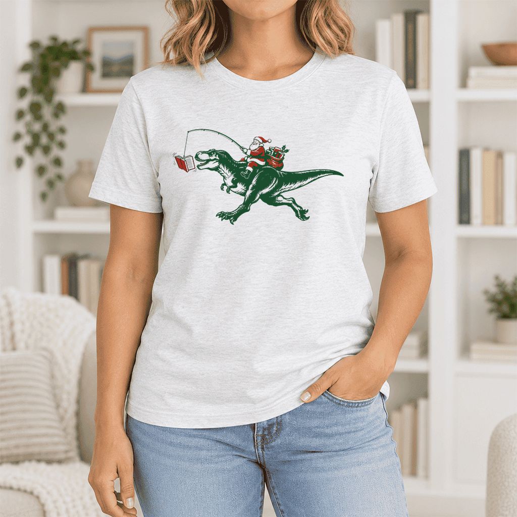Santa Riding T-Rex Ultra-Soft Cotton T-Shirt | Christmas Reader Gift Ash