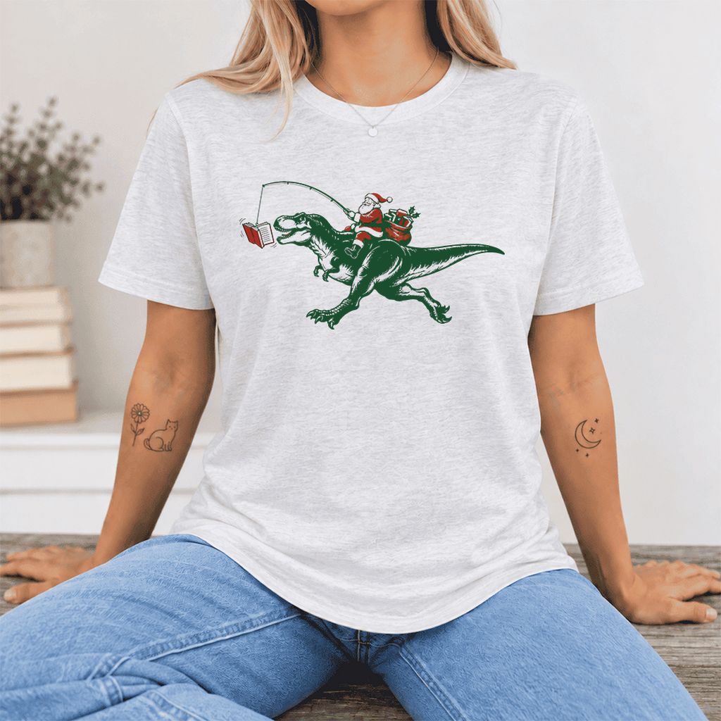 Santa Riding T-Rex Ultra-Soft Cotton T-Shirt | Christmas Reader Gift Ash