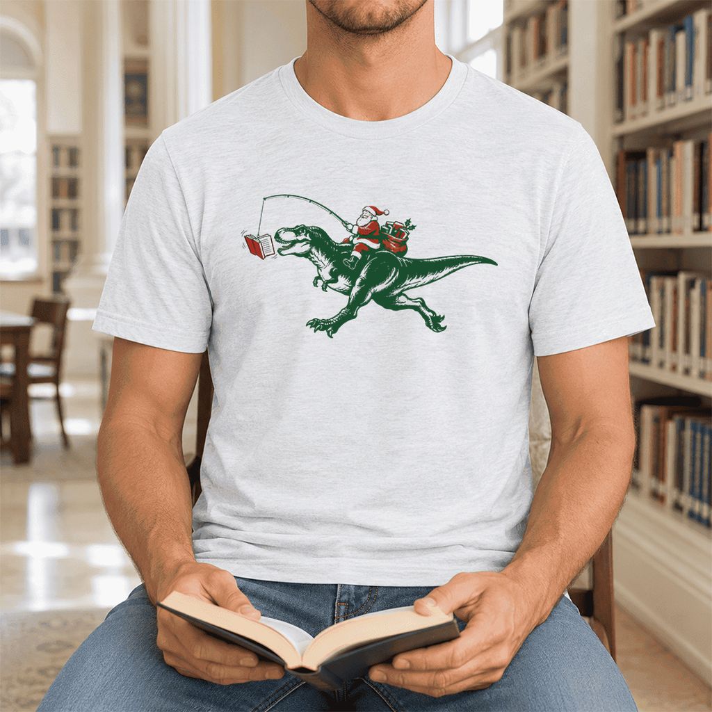 Santa Riding T-Rex Ultra-Soft Cotton T-Shirt | Christmas Reader Gift Ash