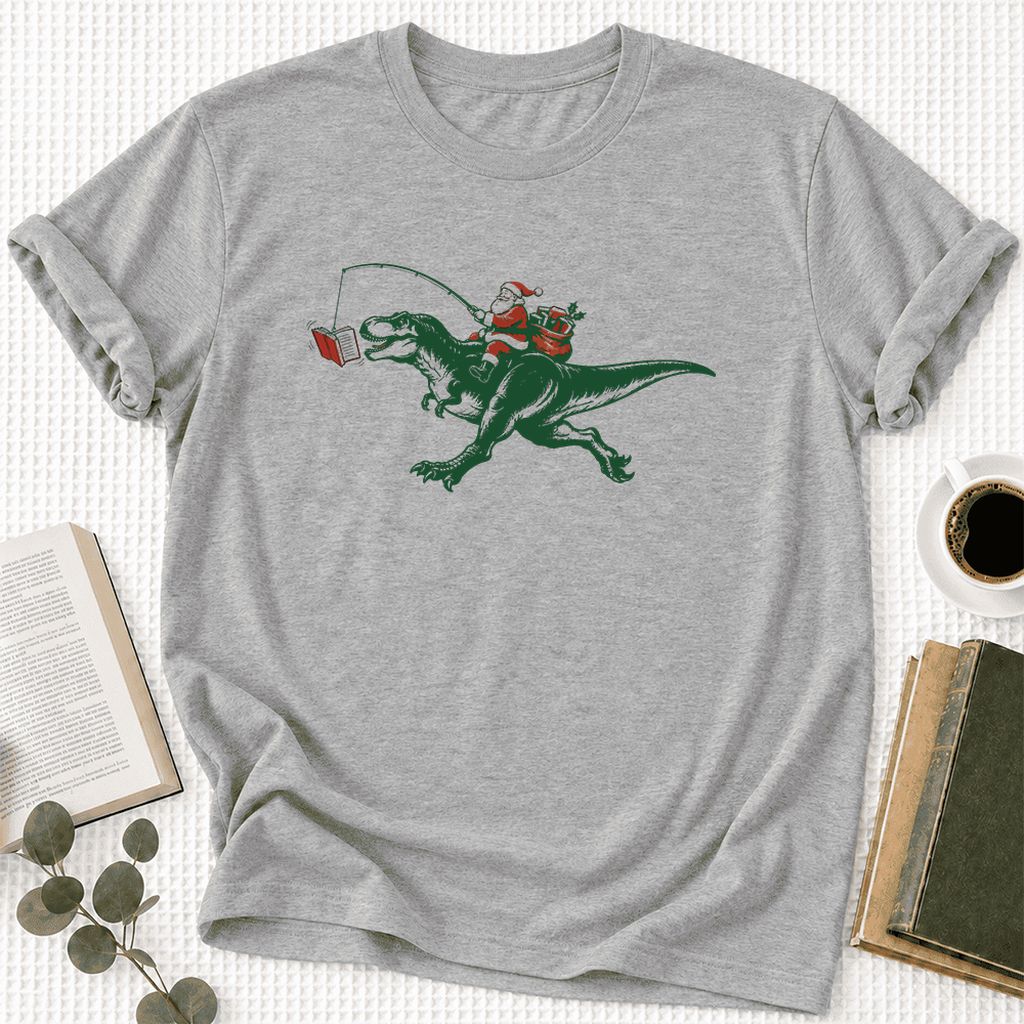 Santa Riding T-Rex Ultra-Soft Cotton T-Shirt | Christmas Reader Gift Athletic Heather