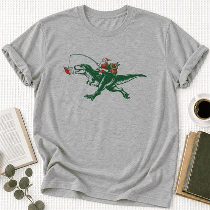 Santa Riding T-Rex Ultra-Soft Cotton T-Shirt | Christmas Reader Gift Athletic Heather