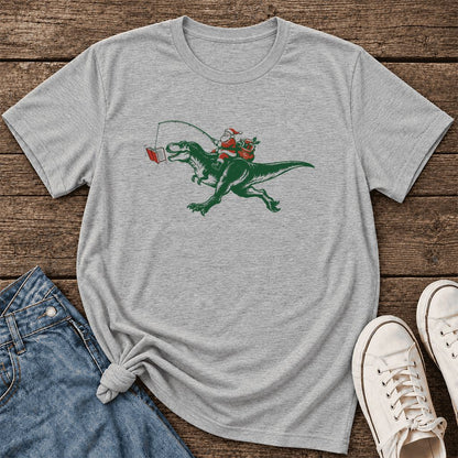 Santa Riding T-Rex Ultra-Soft Cotton T-Shirt | Christmas Reader Gift Athletic Heather