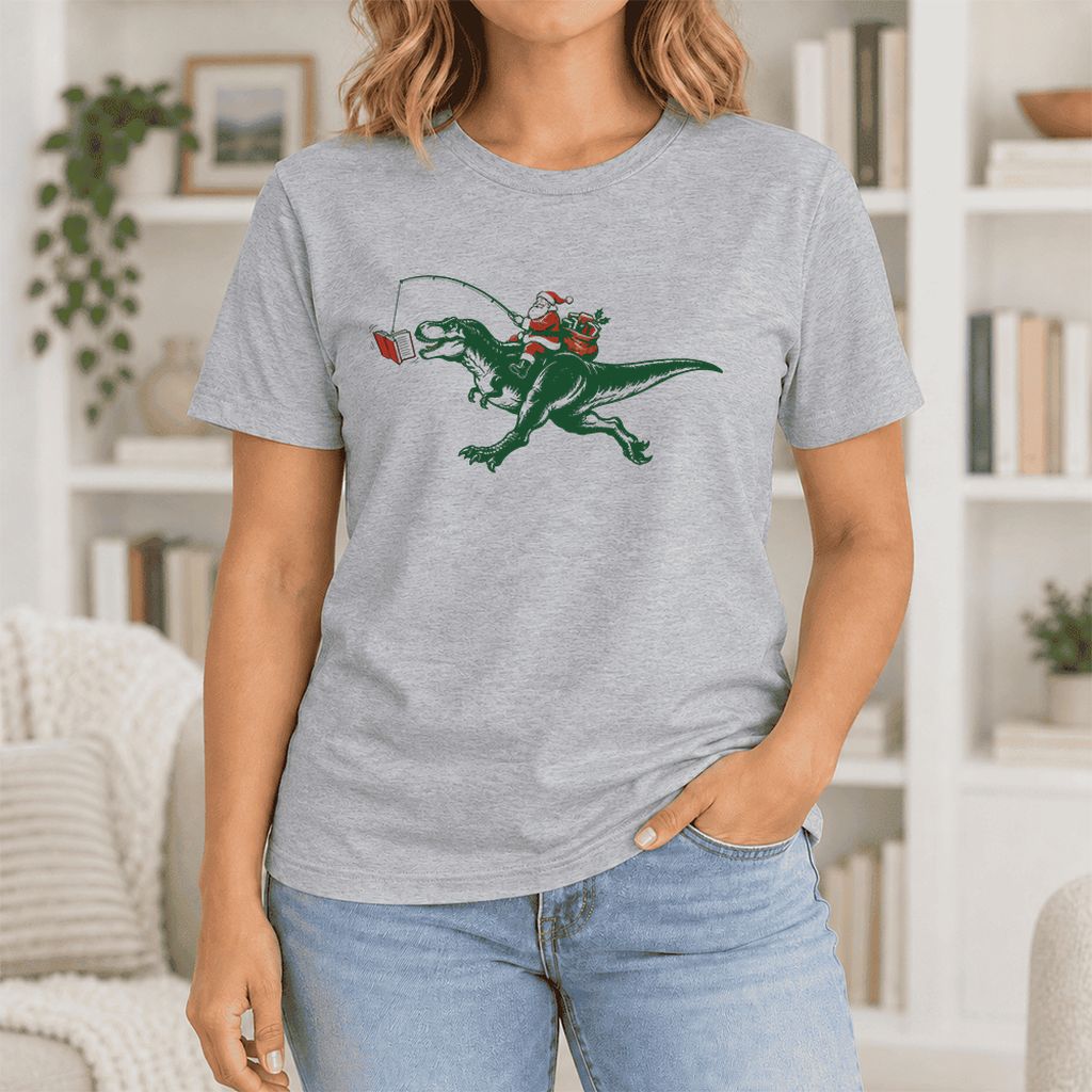 Santa Riding T-Rex Ultra-Soft Cotton T-Shirt | Christmas Reader Gift Athletic Heather