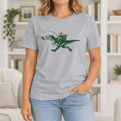 Santa Riding T-Rex Ultra-Soft Cotton T-Shirt | Christmas Reader Gift Athletic Heather