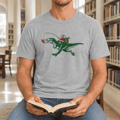Santa Riding T-Rex Ultra-Soft Cotton T-Shirt | Christmas Reader Gift Athletic Heather