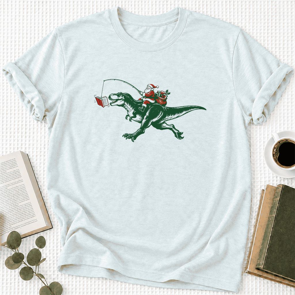 Santa Riding T-Rex Ultra-Soft Cotton T-Shirt | Christmas Reader Gift Heather Ice Blue