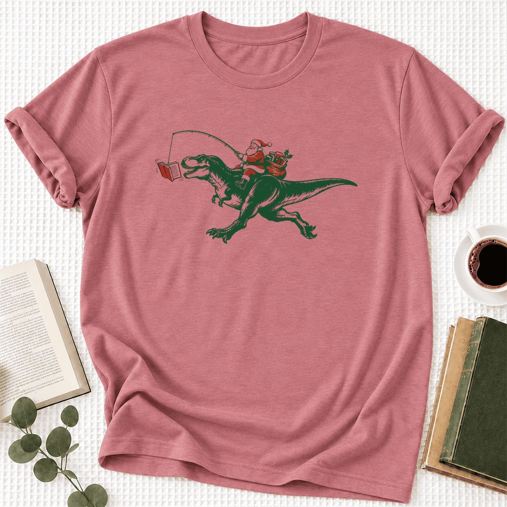 Santa Riding T-Rex Ultra-Soft Cotton T-Shirt | Christmas Reader Gift Mauve