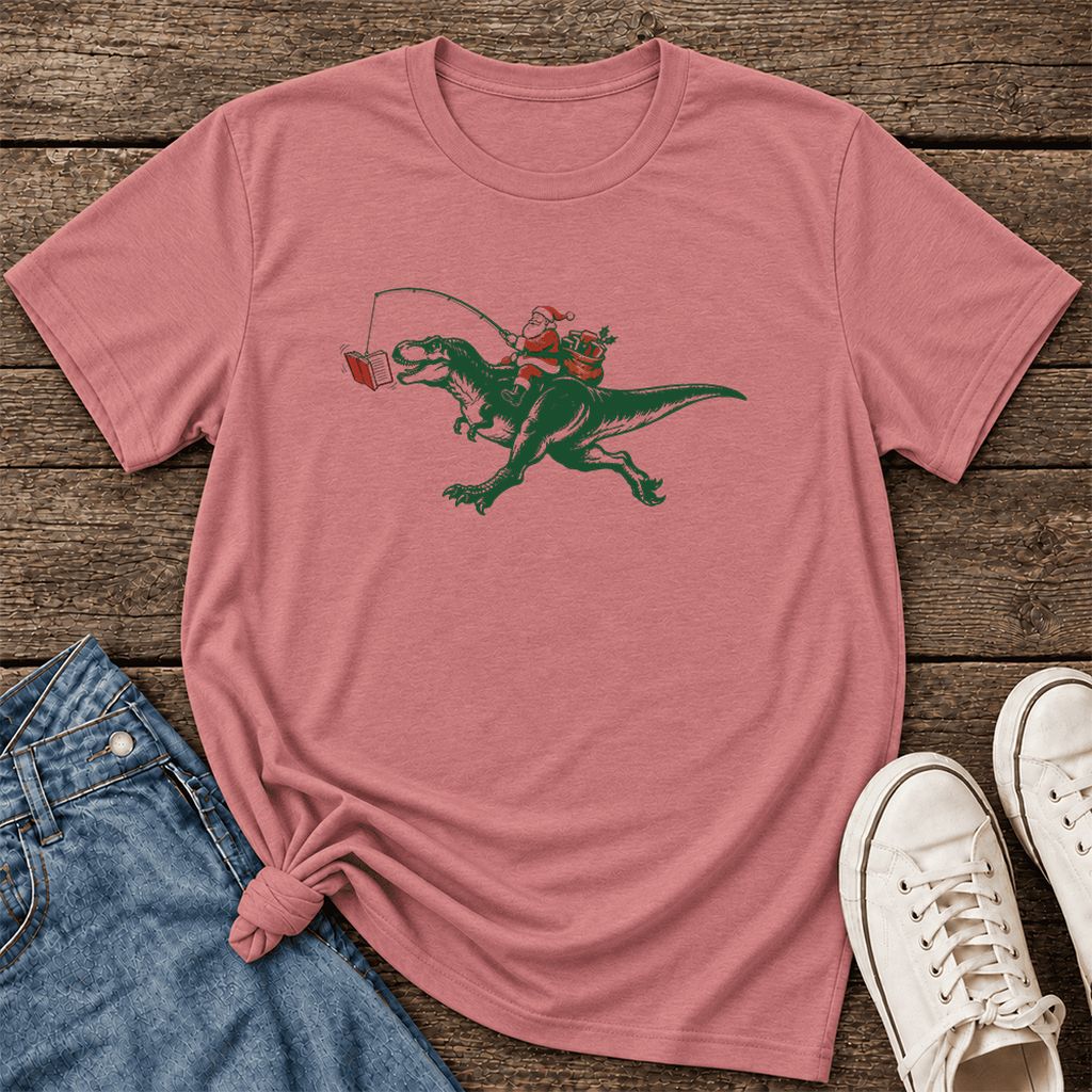 Santa Riding T-Rex Ultra-Soft Cotton T-Shirt | Christmas Reader Gift Mauve