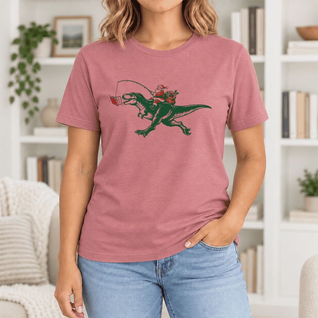 Santa Riding T-Rex Ultra-Soft Cotton T-Shirt | Christmas Reader Gift Mauve