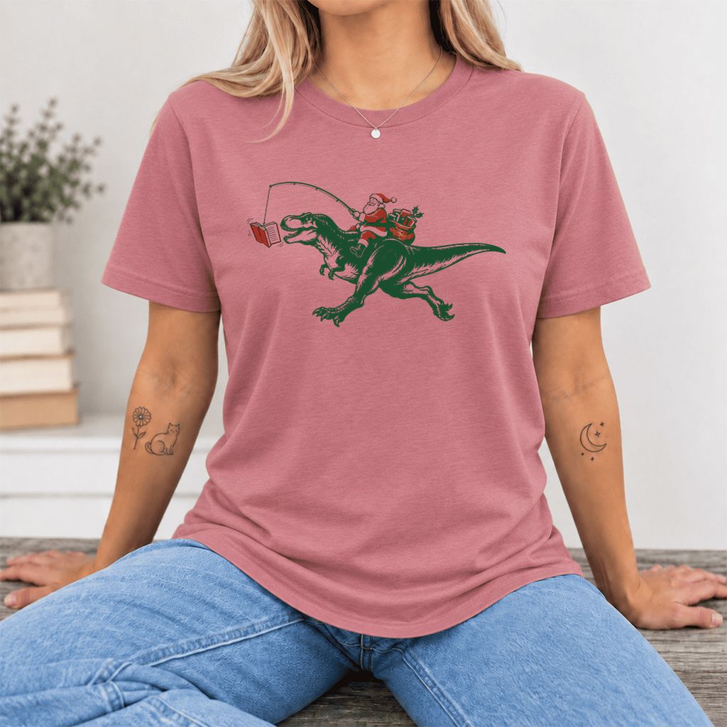Santa Riding T-Rex Ultra-Soft Cotton T-Shirt | Christmas Reader Gift Mauve
