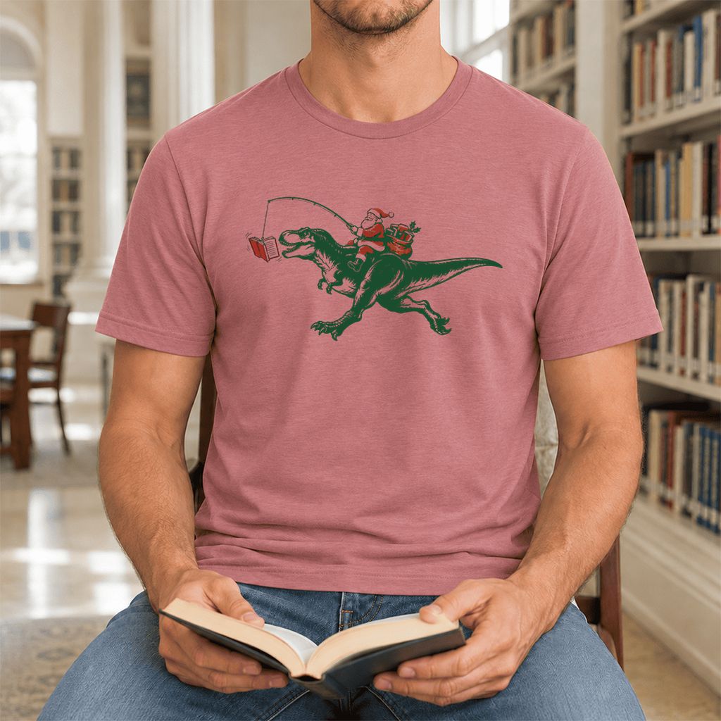 Santa Riding T-Rex Ultra-Soft Cotton T-Shirt | Christmas Reader Gift Mauve