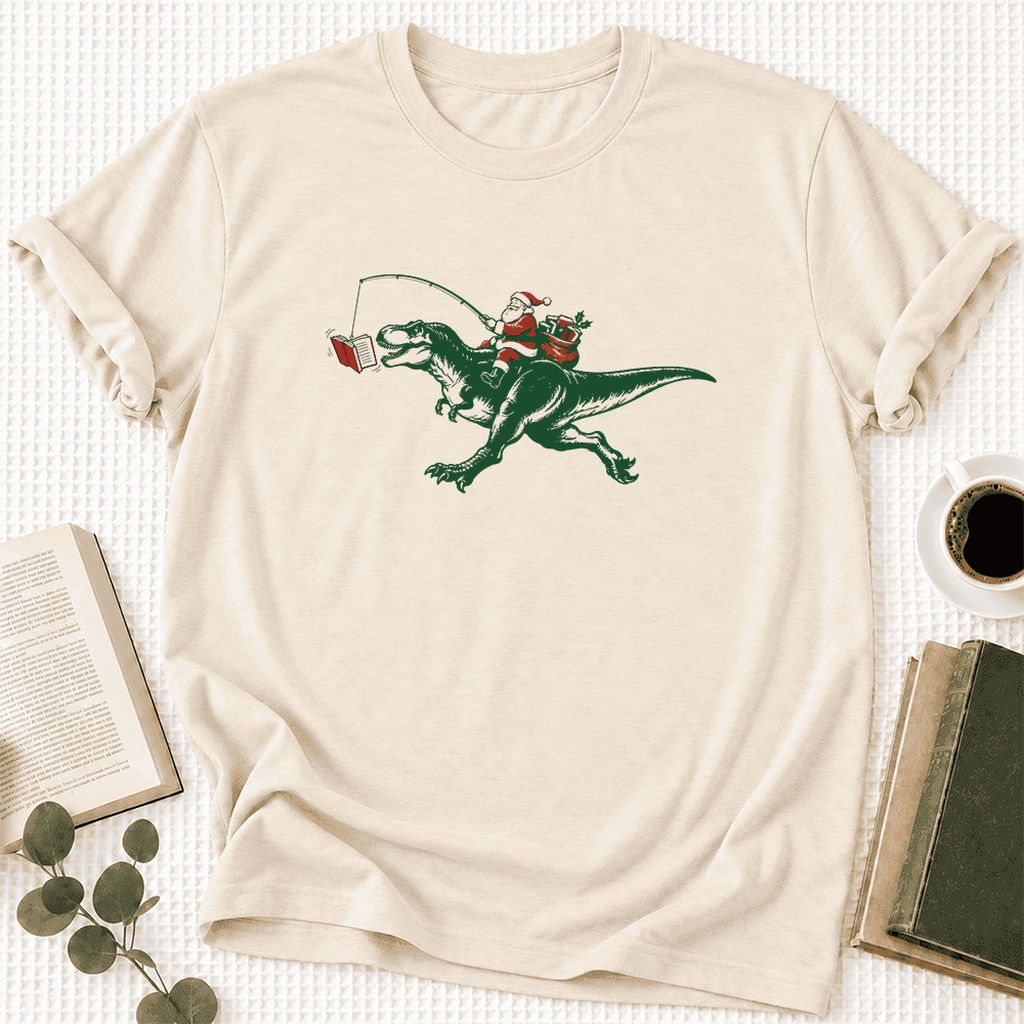 Santa Riding T-Rex Ultra-Soft Cotton T-Shirt | Christmas Reader Gift Natural