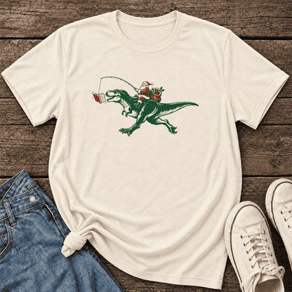 Santa Riding T-Rex Ultra-Soft Cotton T-Shirt | Christmas Reader Gift Natural
