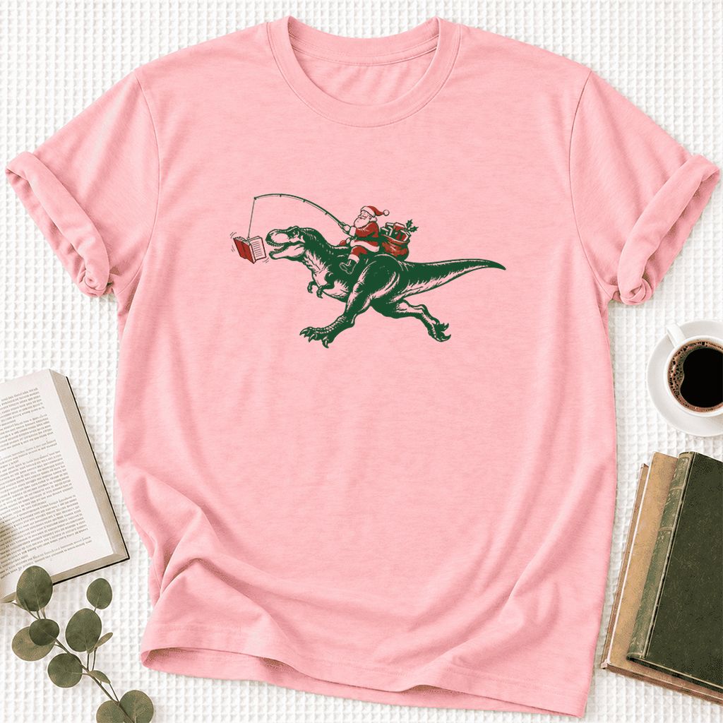 Santa Riding T-Rex Ultra-Soft Cotton T-Shirt | Christmas Reader Gift Pink