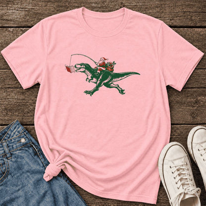 Santa Riding T-Rex Ultra-Soft Cotton T-Shirt | Christmas Reader Gift Pink