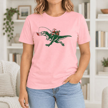 Santa Riding T-Rex Ultra-Soft Cotton T-Shirt | Christmas Reader Gift Pink