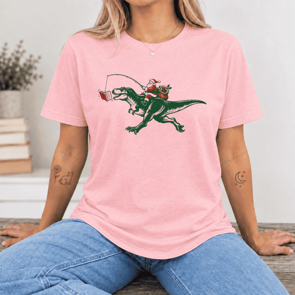 Santa Riding T-Rex Ultra-Soft Cotton T-Shirt | Christmas Reader Gift Pink
