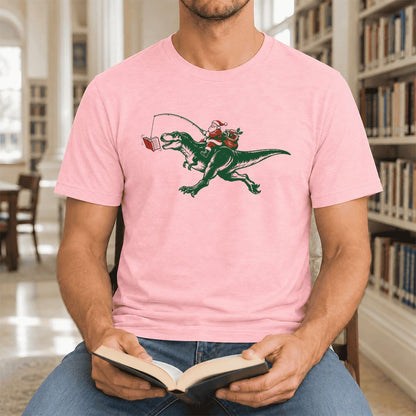 Santa Riding T-Rex Ultra-Soft Cotton T-Shirt | Christmas Reader Gift Pink