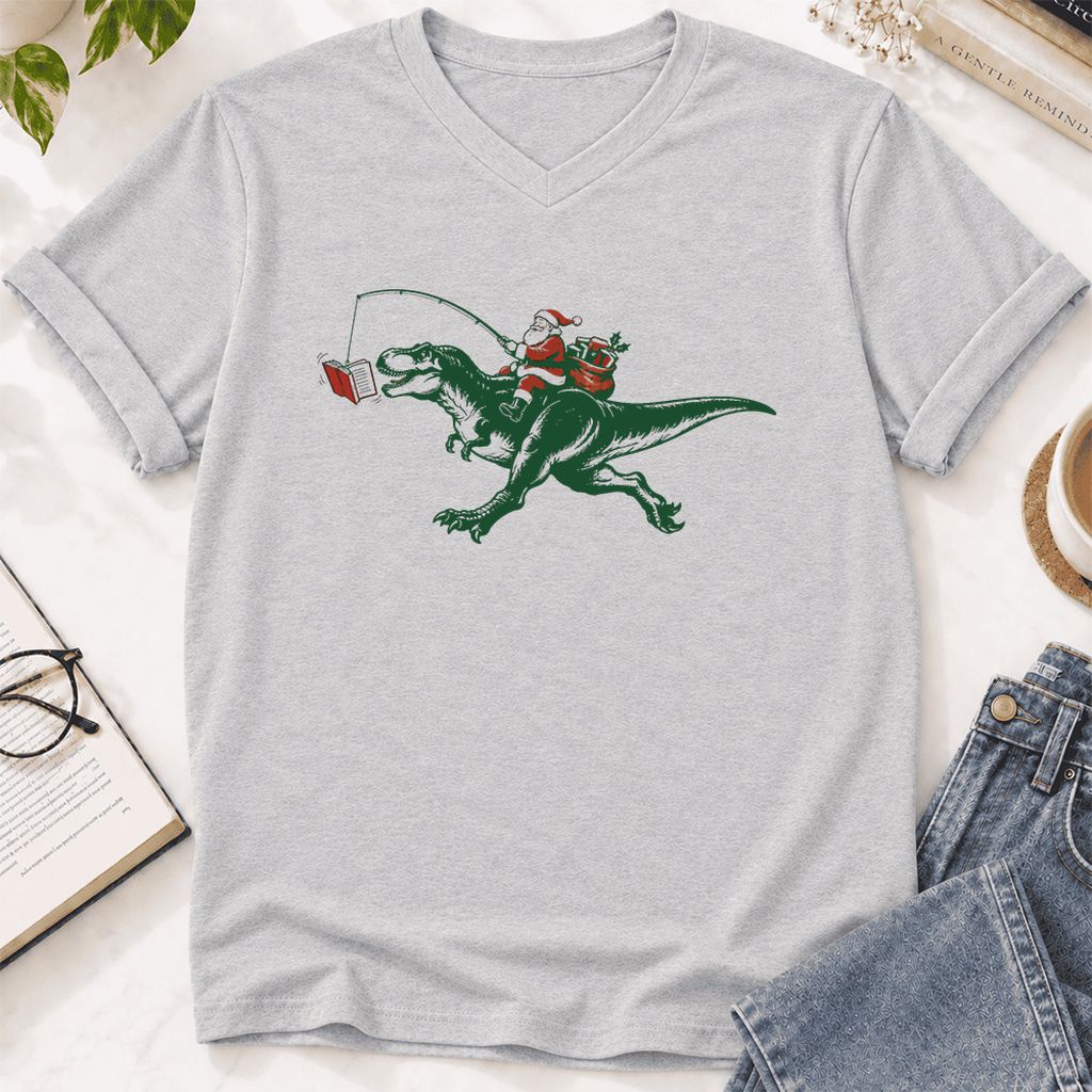 Santa Riding T-Rex Ultra-Soft V-Neck | Christmas Reader Gift Ash