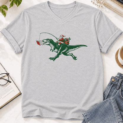 Santa Riding T-Rex Ultra-Soft V-Neck | Christmas Reader Gift Ash