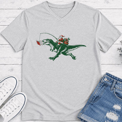 Santa Riding T-Rex Ultra-Soft V-Neck | Christmas Reader Gift Ash