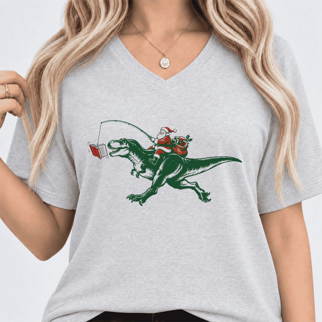 Santa Riding T-Rex Ultra-Soft V-Neck | Christmas Reader Gift Ash