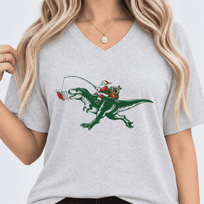 Santa Riding T-Rex Ultra-Soft V-Neck | Christmas Reader Gift Ash