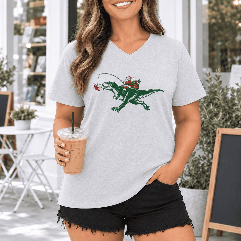Santa Riding T-Rex Ultra-Soft V-Neck | Christmas Reader Gift Ash