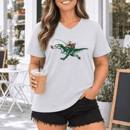 Santa Riding T-Rex Ultra-Soft V-Neck | Christmas Reader Gift Ash