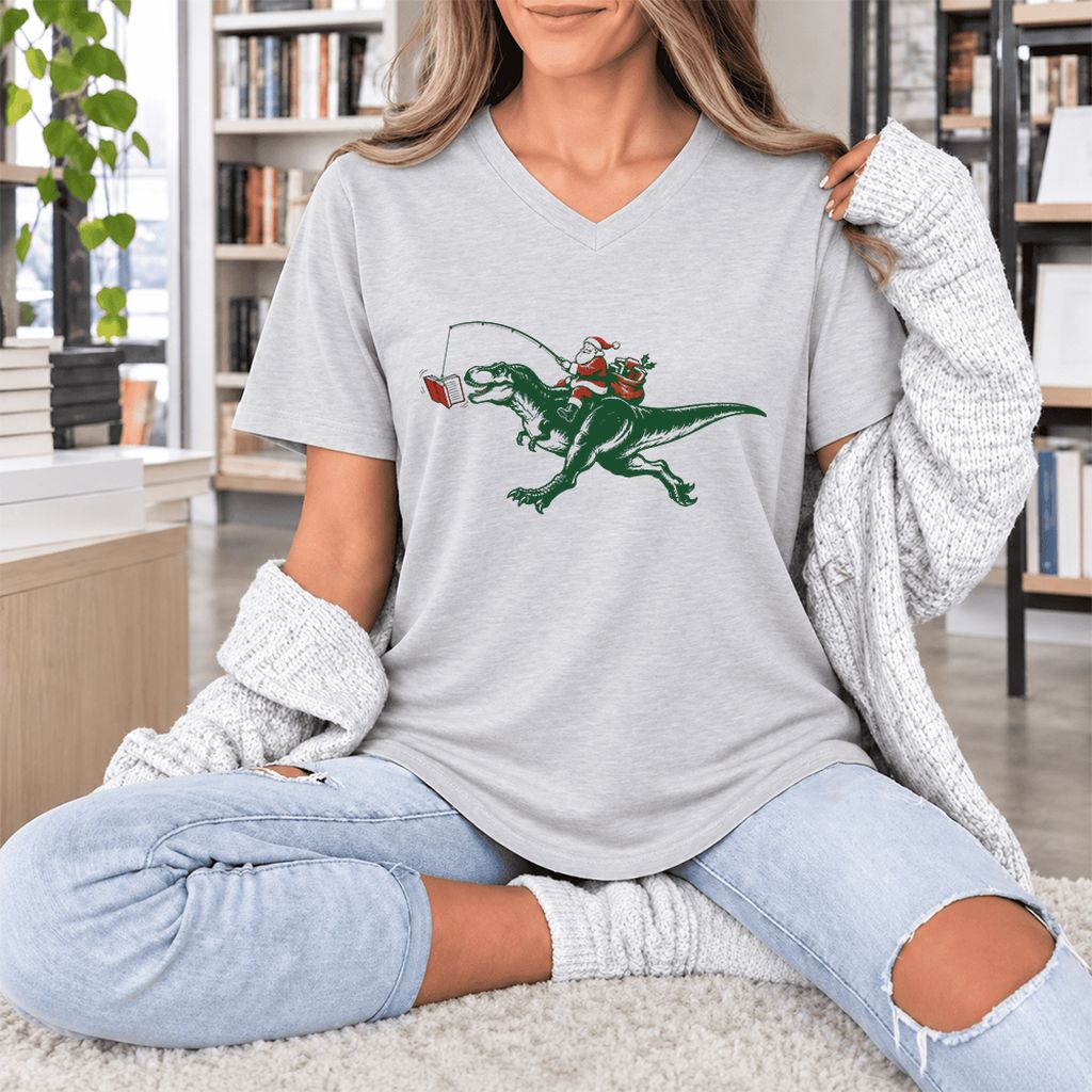 Santa Riding T-Rex Ultra-Soft V-Neck | Christmas Reader Gift Ash