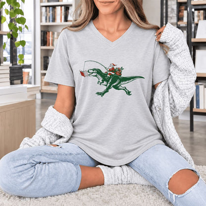 Santa Riding T-Rex Ultra-Soft V-Neck | Christmas Reader Gift Ash