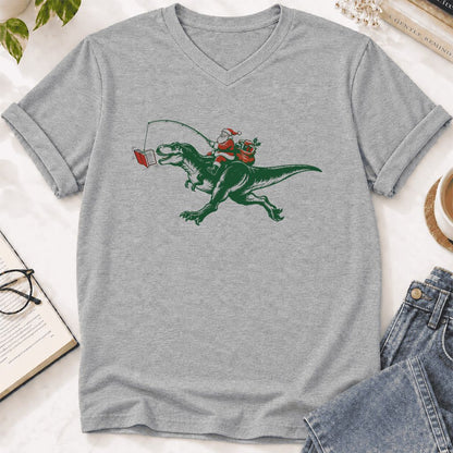Santa Riding T-Rex Ultra-Soft V-Neck | Christmas Reader Gift Athletic Heather