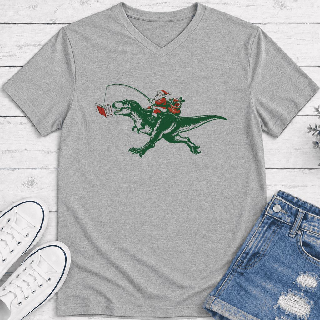 Santa Riding T-Rex Ultra-Soft V-Neck | Christmas Reader Gift Athletic Heather