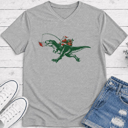 Santa Riding T-Rex Ultra-Soft V-Neck | Christmas Reader Gift Athletic Heather