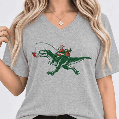 Santa Riding T-Rex Ultra-Soft V-Neck | Christmas Reader Gift Athletic Heather
