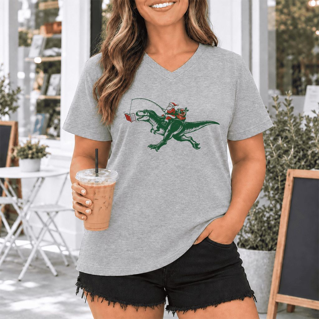 Santa Riding T-Rex Ultra-Soft V-Neck | Christmas Reader Gift Athletic Heather